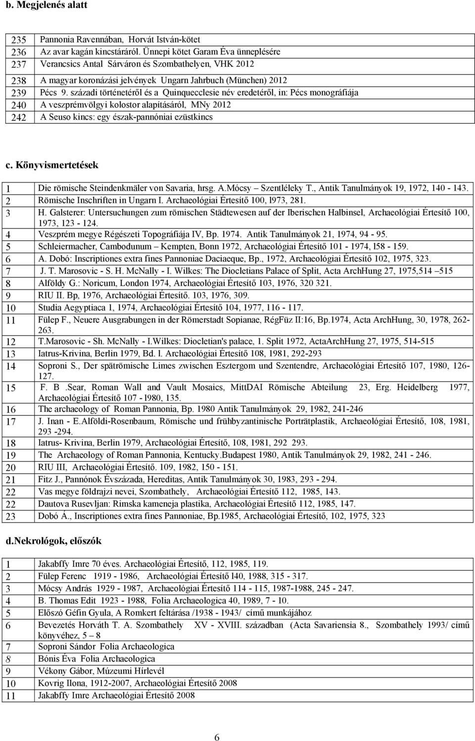 századi történetéről és a Quinquecclesie név eredetéről, in: Pécs monográfiája 240 A veszprémvölgyi kolostor alapításáról, MNy 2012 242 A Seuso kincs: egy észak-pannóniai ezüstkincs c.