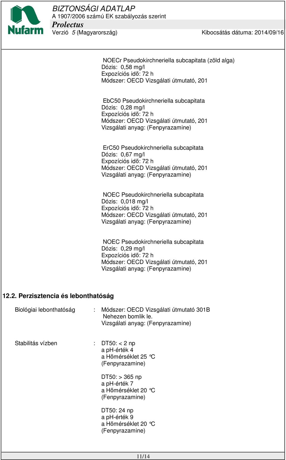 mg/l 12.2. Perzisztencia és lebonthatóság Biológiai lebonthatóság : Módszer: OECD Vizsgálati útmutató 301B Nehezen bomlik le.