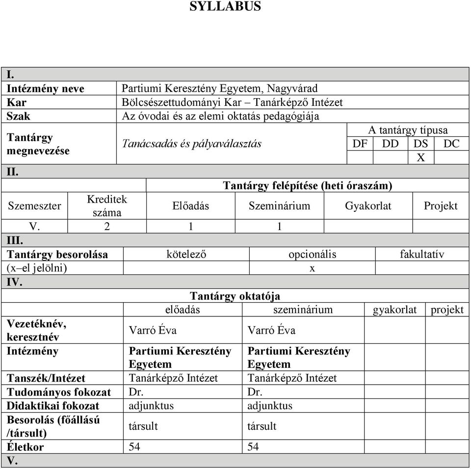 pályaválasztás A tantárgy típusa DF DD DS DC X II. Tantárgy felépítése (heti óraszám) Szemeszter Kreditek száma Előadás Szeminárium Gyakorlat Projekt V. III.