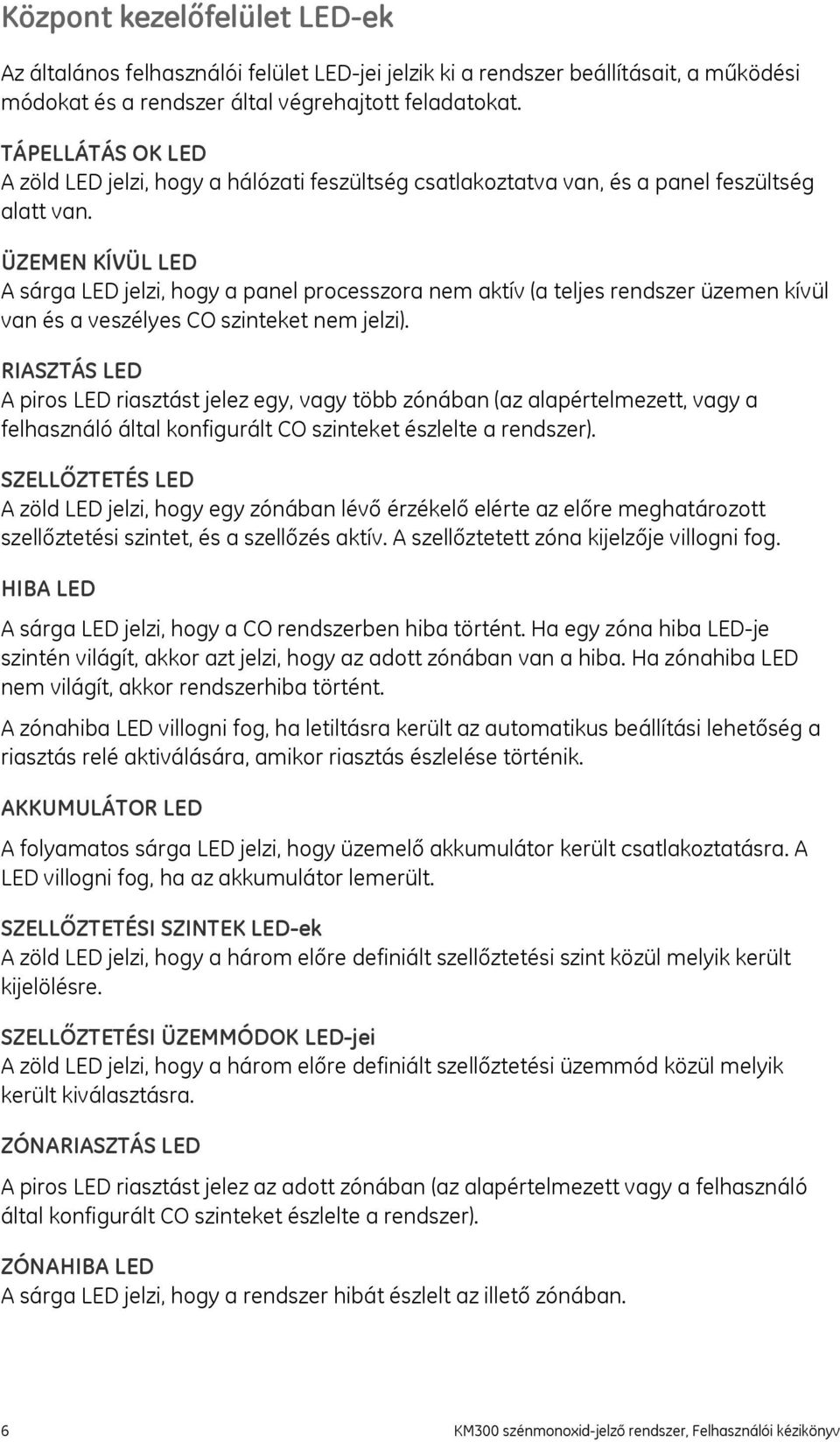 ÜZEMEN KÍVÜL LED A sárga LED jelzi, hogy a panel processzora nem aktív (a teljes rendszer üzemen kívül van és a veszélyes CO szinteket nem jelzi).