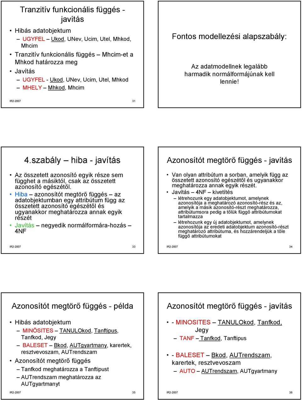 szabály hiba - javítás Az összetett azonosító egyik része sem függhet a másiktól, csak az összetett azonosító egészétől.