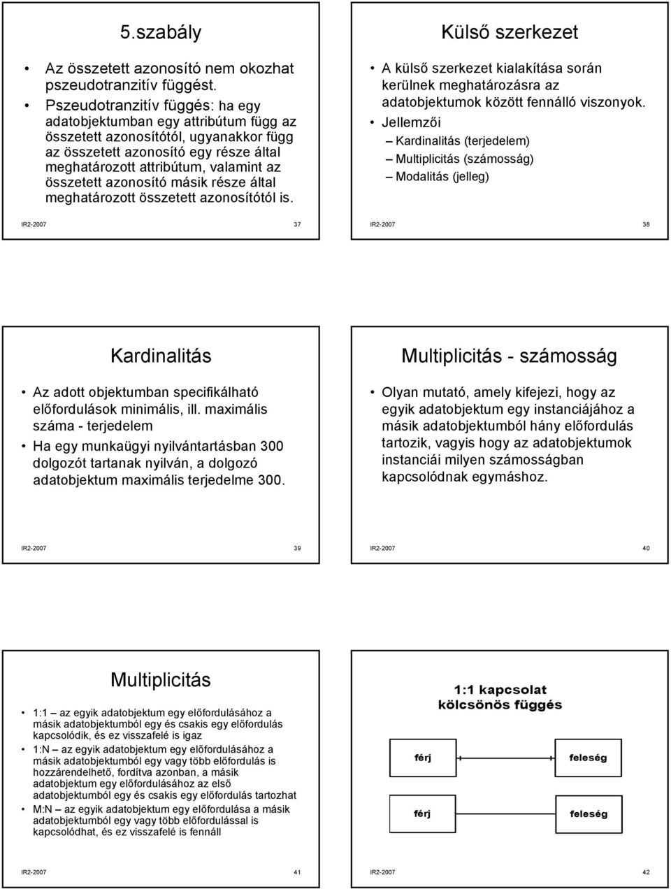 azonosító másik része által meghatározott összetett azonosítótól is. Külső szerkezet A külső szerkezet kialakítása során kerülnek meghatározásra az adatobjektumok között fennálló viszonyok.