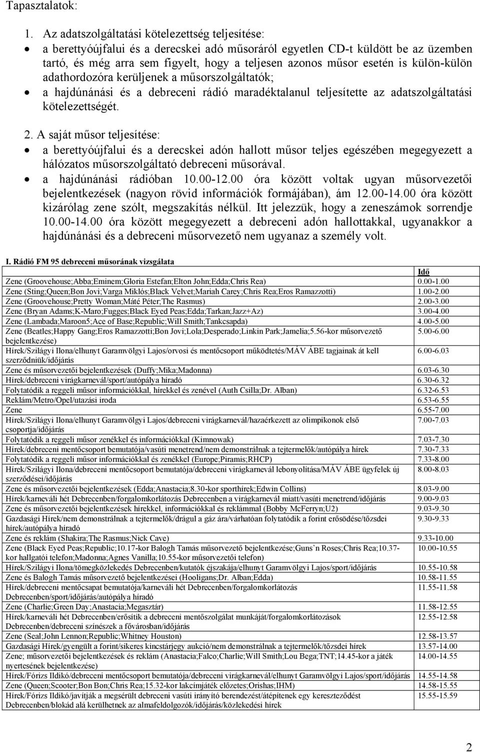 is külön-külön adathordozóra kerüljenek a műsorszolgáltatók; a hajdúnánási és a debreceni rádió maradéktalanul teljesítette az adatszolgáltatási kötelezettségét. 2.