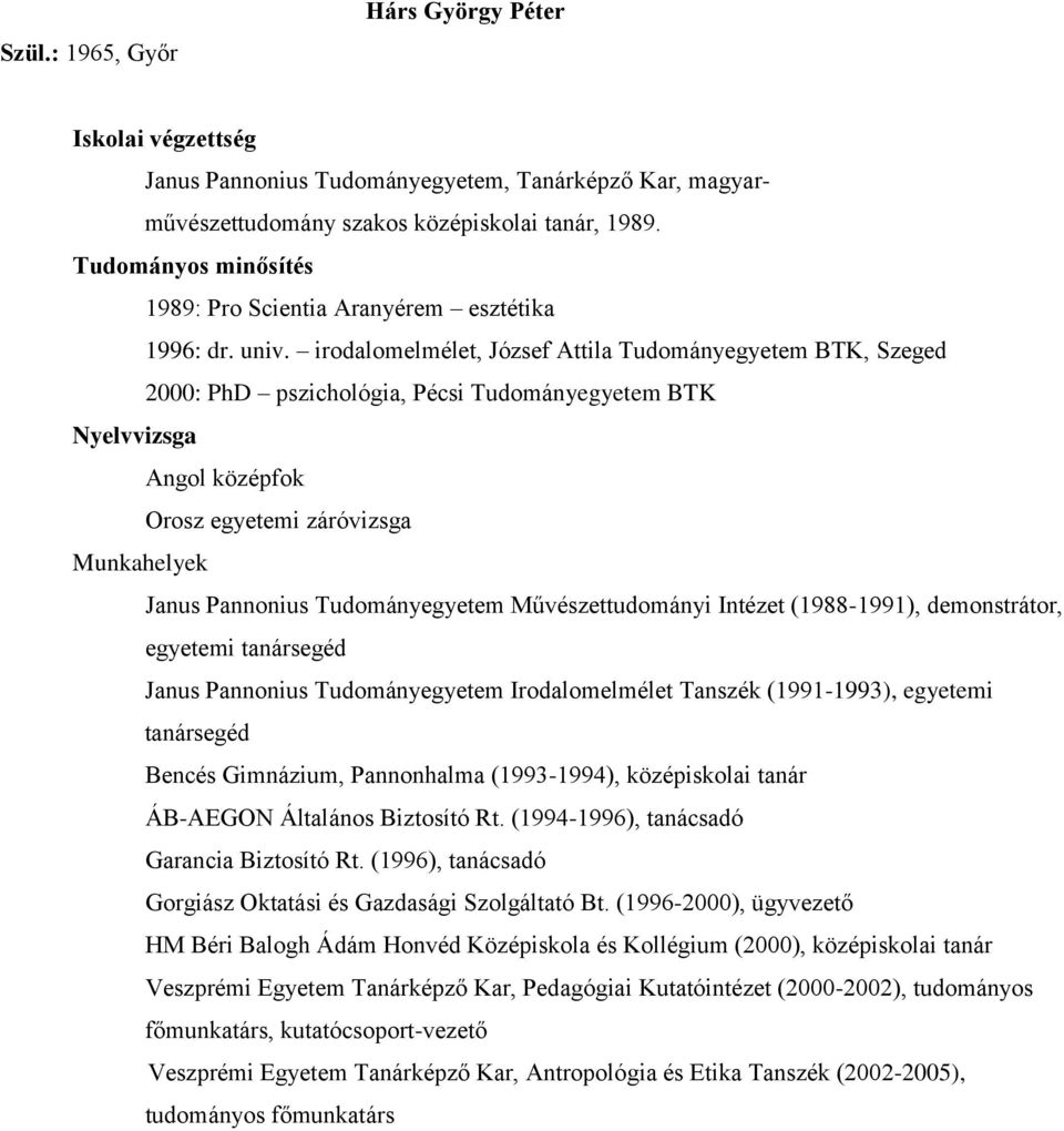 irodalomelmélet, József Attila Tudományegyetem BTK, Szeged 2000: PhD pszichológia, Pécsi Tudományegyetem BTK Nyelvvizsga Angol középfok Orosz egyetemi záróvizsga Munkahelyek Janus Pannonius