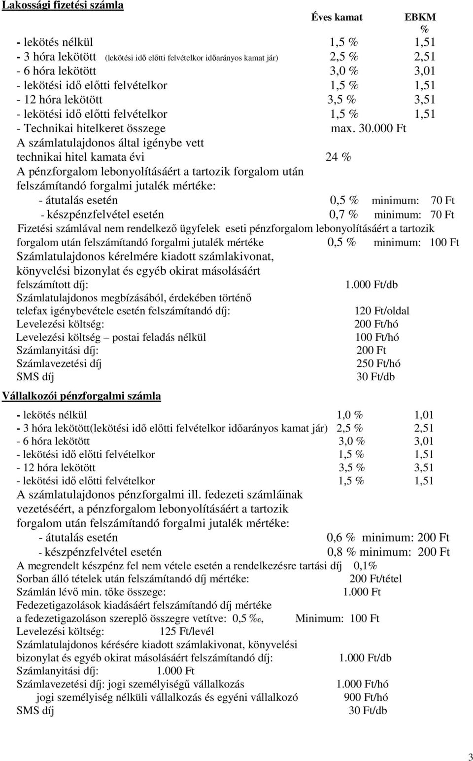 000 Ft A számlatulajdonos által igénybe vett technikai hitel kamata évi 24 % A pénzforgalom lebonyolításáért a tartozik forgalom után felszámítandó forgalmi jutalék mértéke: - átutalás esetén 0,5 %