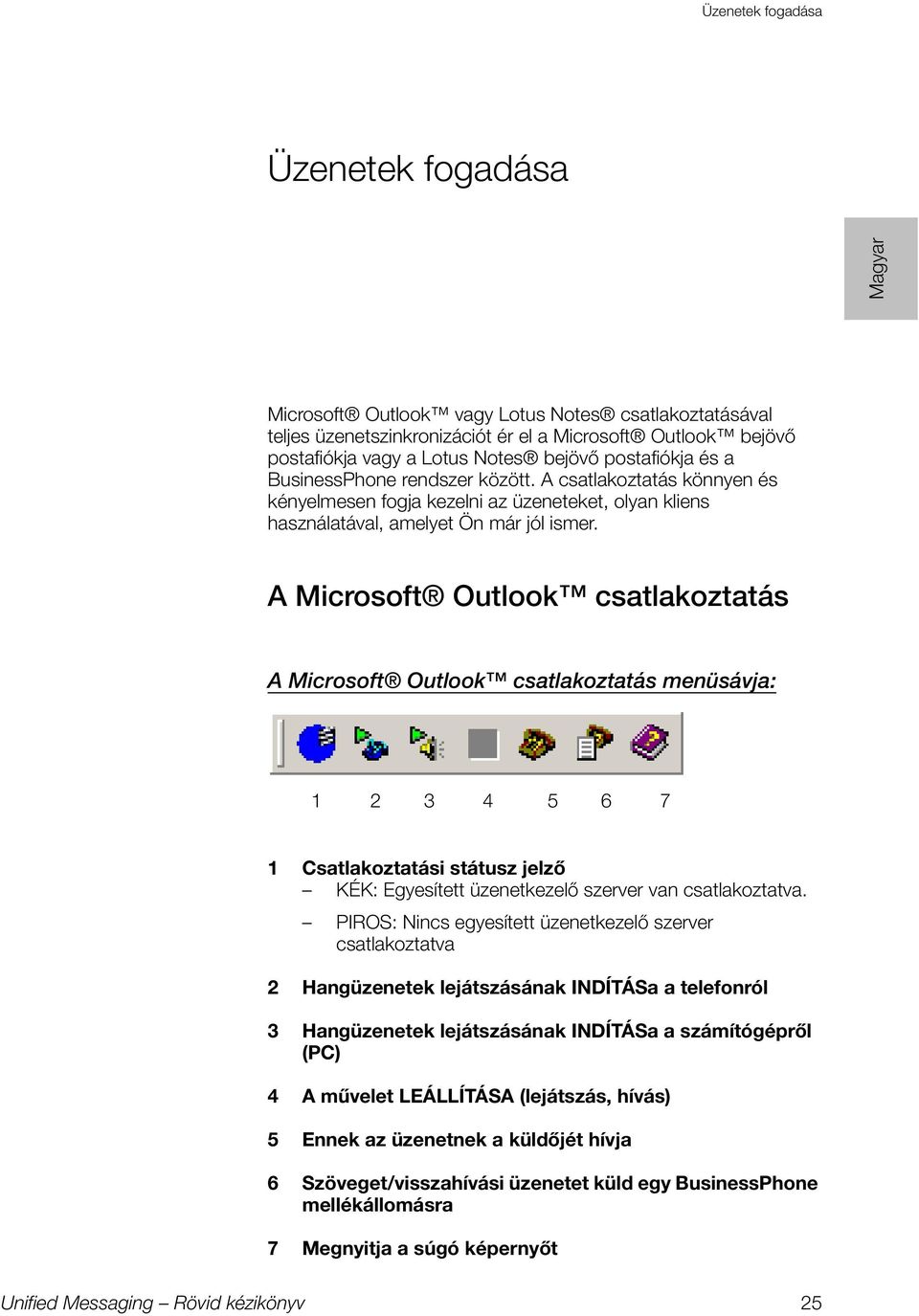 A Microsoft Outlook csatlakoztatás A Microsoft Outlook csatlakoztatás menüsávja: 1 2 3 4 5 6 7 1 Csatlakoztatási státusz jelz KÉK: Egyesített üzenetkezel szerver van csatlakoztatva.