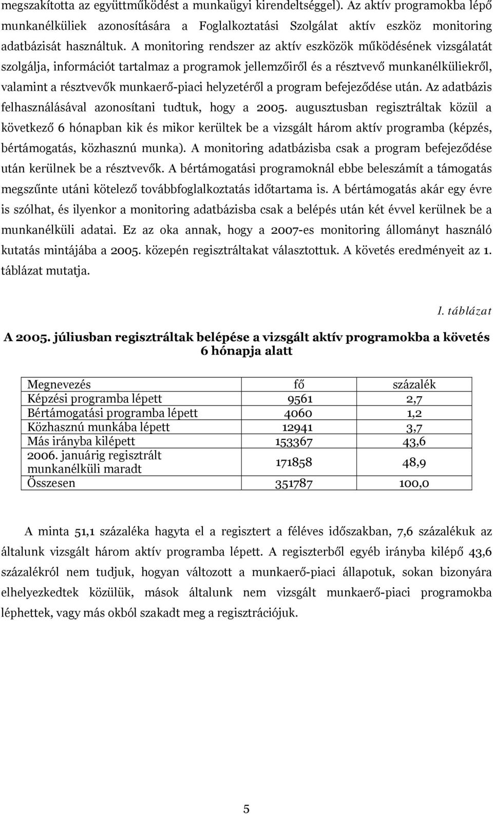 helyzetéről a program befejeződése után. Az adatbázis felhasználásával azonosítani tudtuk, hogy a 2005.