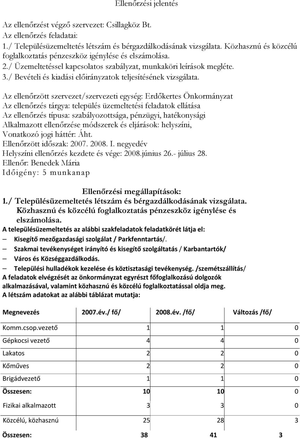 Az ellenőrzött szervezet/szervezeti egység: Erdőkertes Önkormányzat Az ellenőrzés tárgya: település üzemeltetési feladatok ellátása Az ellenőrzés típusa: szabályozottsága, pénzügyi, hatékonysági