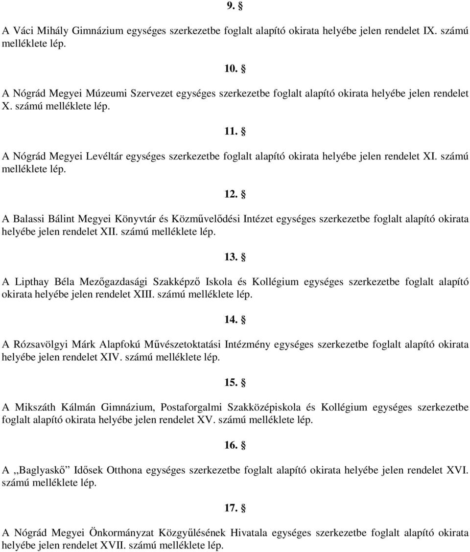 A Nógrád Megyei Levéltár egységes szerkezetbe foglalt alapító okirata helyébe jelen rendelet XI. számú melléklete lép. 12.