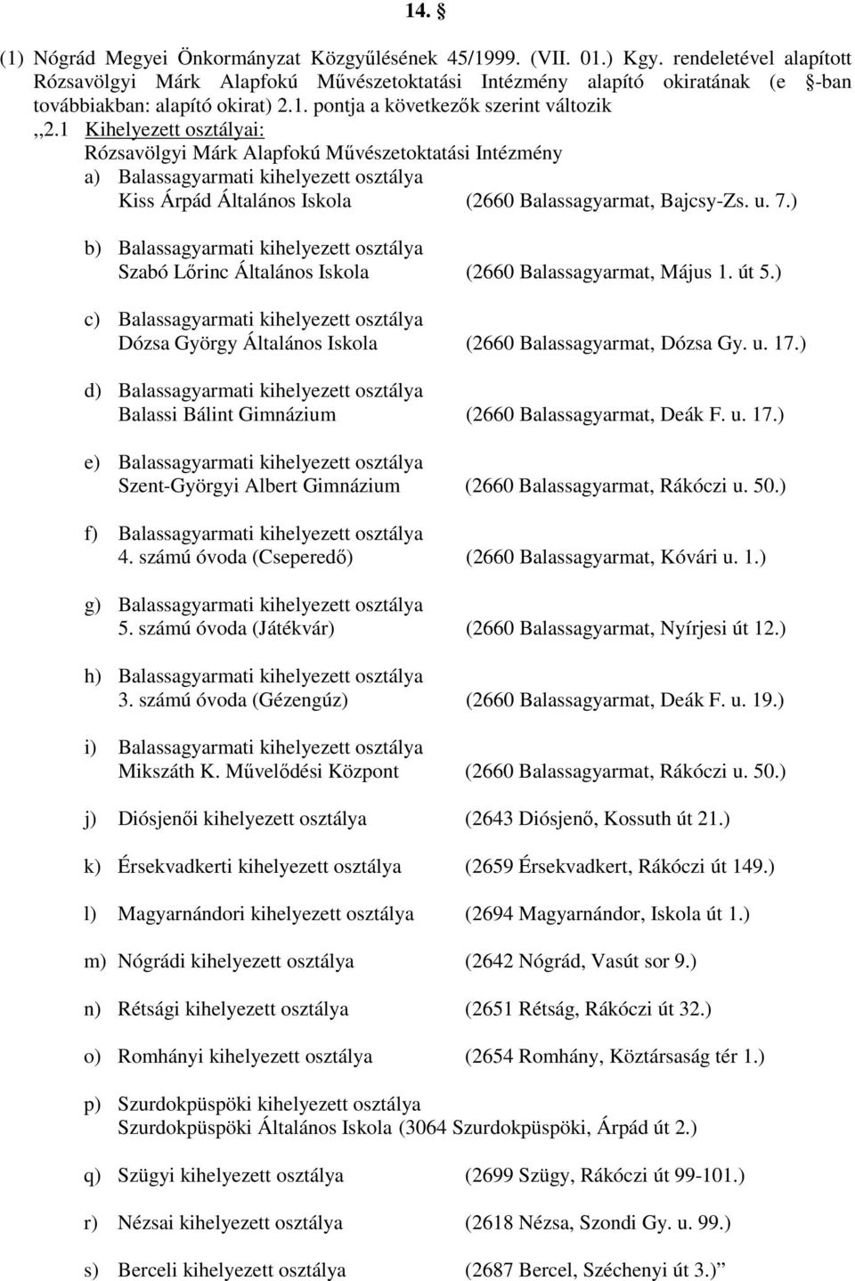 1 Kihelyezett osztályai: Rózsavölgyi Márk Alapfokú Művészetoktatási Intézmény a) Balassagyarmati kihelyezett osztálya Kiss Árpád Általános Iskola (2660 Balassagyarmat, Bajcsy-Zs. u. 7.