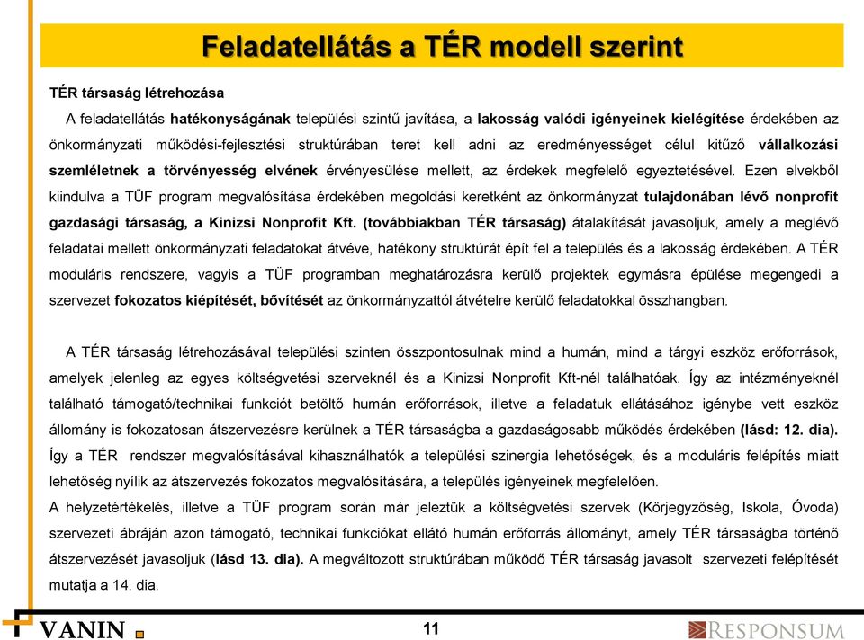 Ezen elvekből kiindulva a TÜF program megvalósítása érdekében megoldási keretként az önkormányzat tulajdonában lévő nonprofit gazdasági társaság, a Kinizsi Nonprofit Kft.