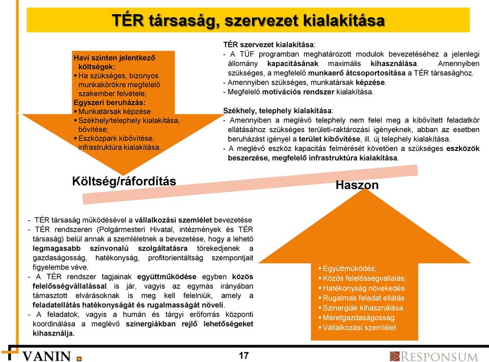Költség/ráfordítás TÉR szervezet kialakítása: - A TÜF programban meghatározott modulok bevezetéséhez a jelenlegi állomány kapacitásának maximális kihasználása.