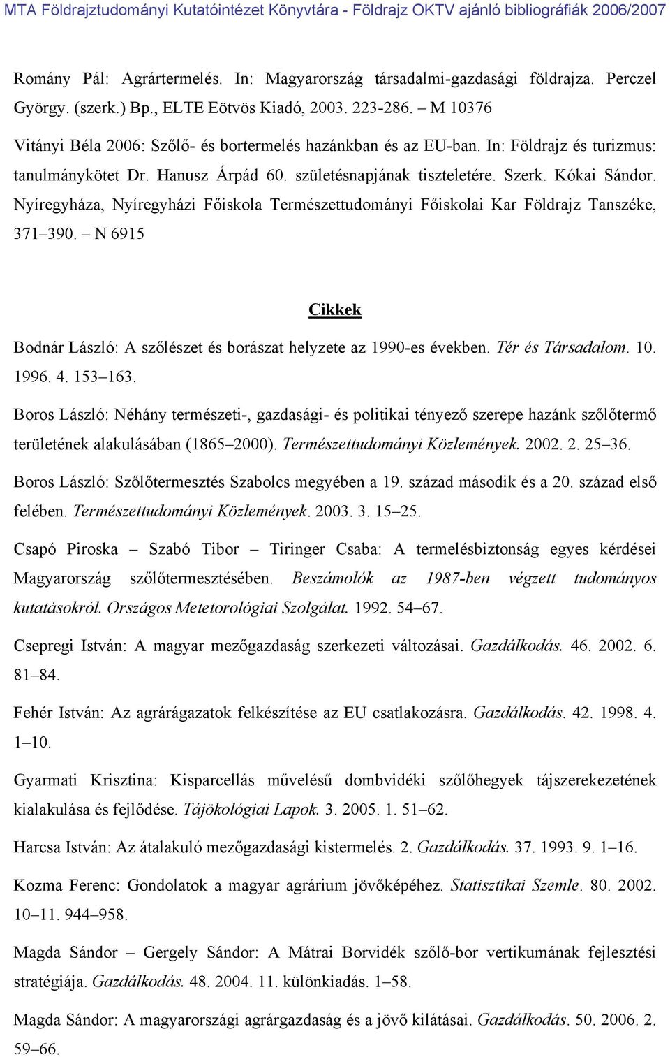 Nyíregyháza, Nyíregyházi Főiskola Természettudományi Főiskolai Kar Földrajz Tanszéke, 371 390. N 6915 Cikkek Bodnár László: A szőlészet és borászat helyzete az 1990-es években. Tér és Társadalom. 10.