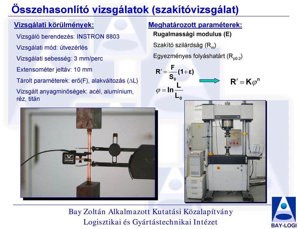 erő(f), alakváltozás (ΔL) Vizsgált anyagminőségek: acél, alumínium, réz, titán Meghatározott paraméterek: