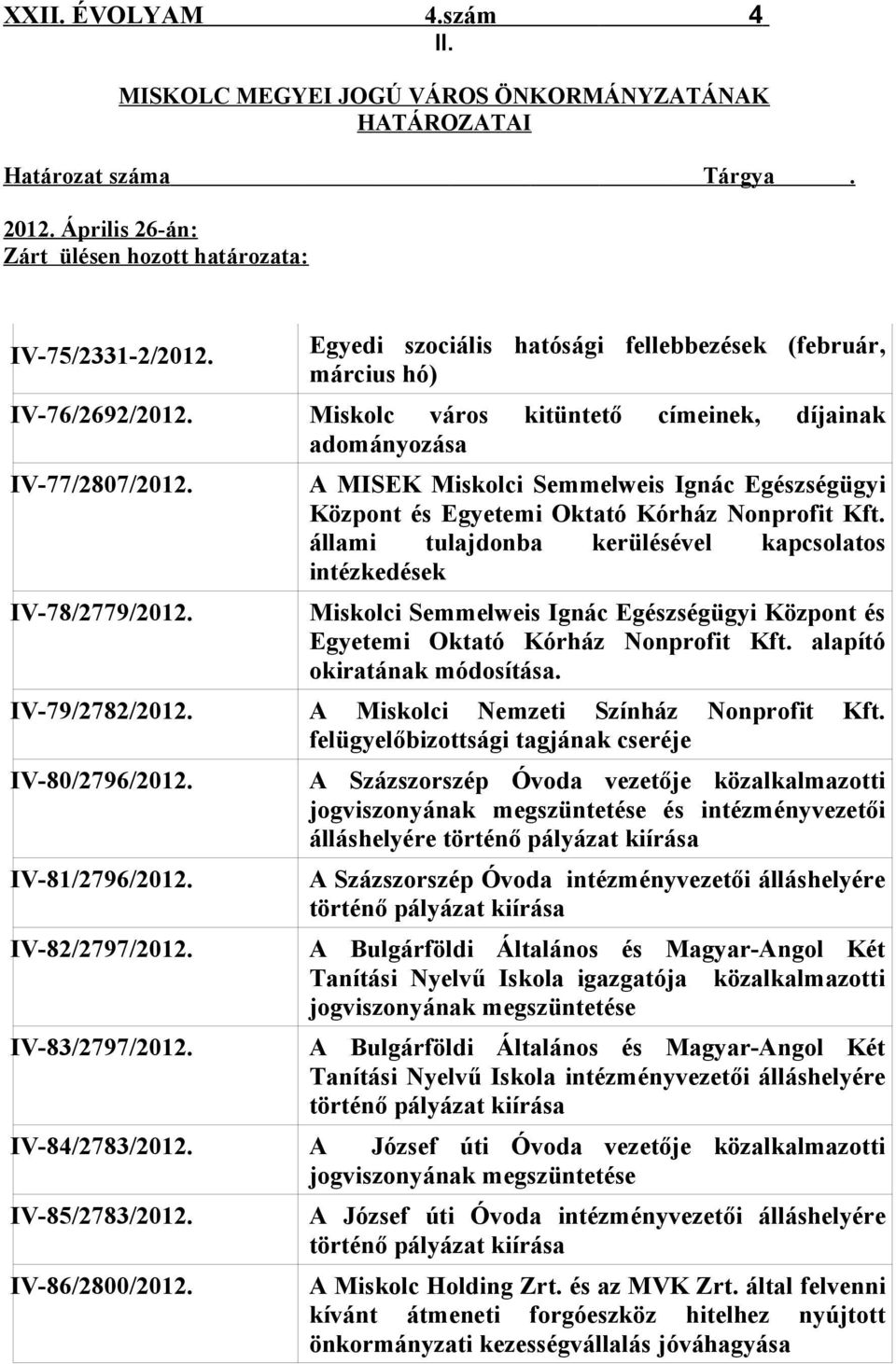 Egyedi szociális hatósági fellebbezések (február, március hó) Miskolc város kitüntető címeinek, díjainak adományozása A MISEK Miskolci Semmelweis Ignác Egészségügyi Központ és Egyetemi Oktató Kórház