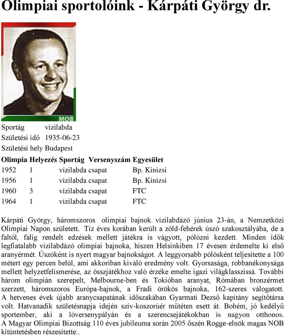 Kinizsi 1960 3 vízilabda csapat FTC 1964 1 vízilabda csapat FTC Kárpáti György, háromszoros olimpiai bajnok vízilabdázó június 23-án, a Nemzetközi Olimpiai Napon született.