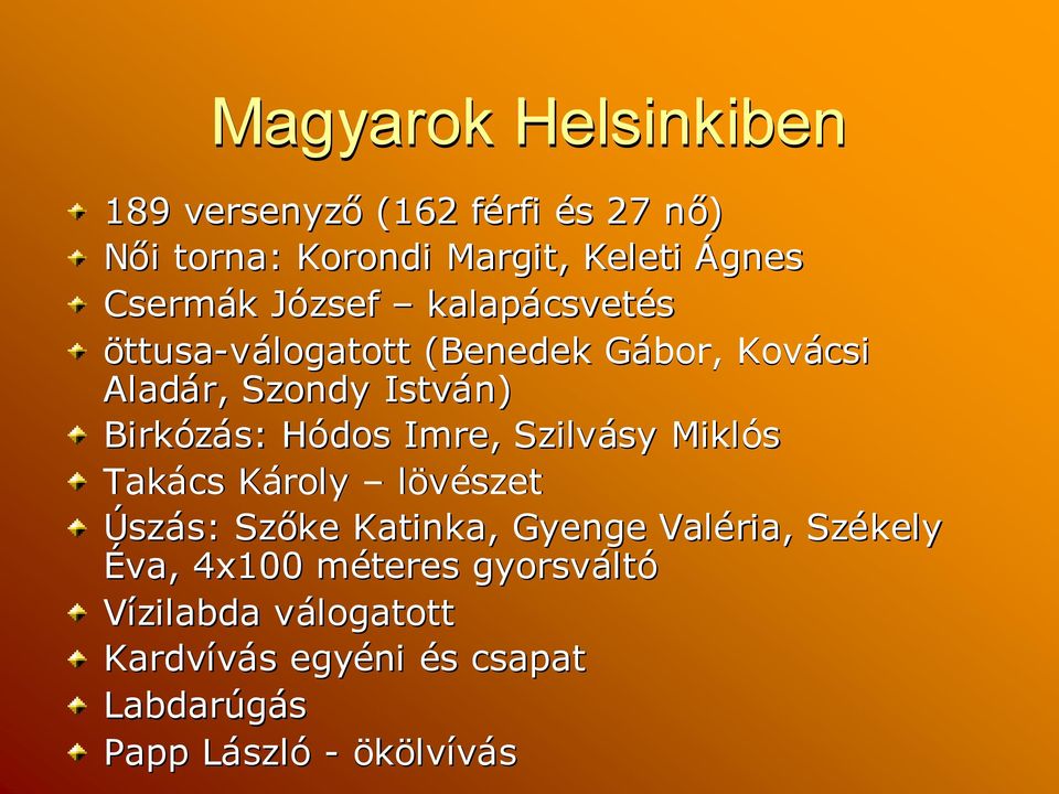 HódosH Imre, Szilvásy Miklós Takács KárolyK lövészet Úszás: s: Szőke Katinka, Gyenge Valéria, Székely Éva,