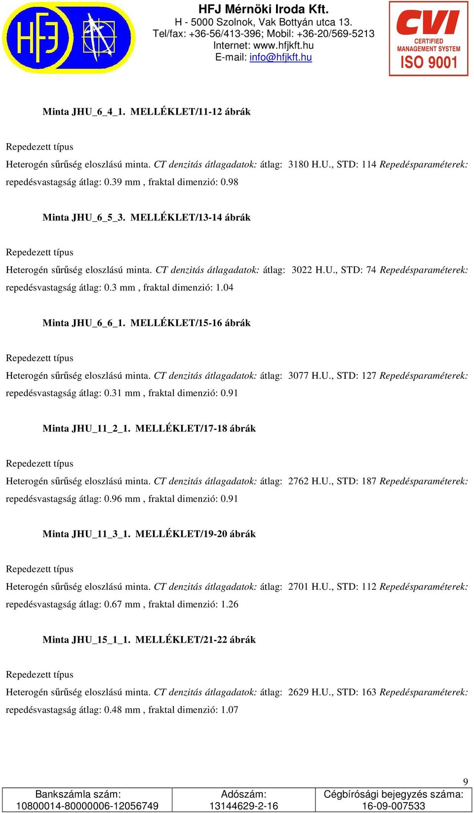 3 mm, fraktal dimenzió: 1.04 Minta JHU_6_6_1. MELLÉKLET/15-16 ábrák Repedezett típus Heterogén sőrőség eloszlású minta. CT denzitás átlagadatok: átlag: 3077 H.U., STD: 127 Repedésparaméterek: repedésvastagság átlag: 0.
