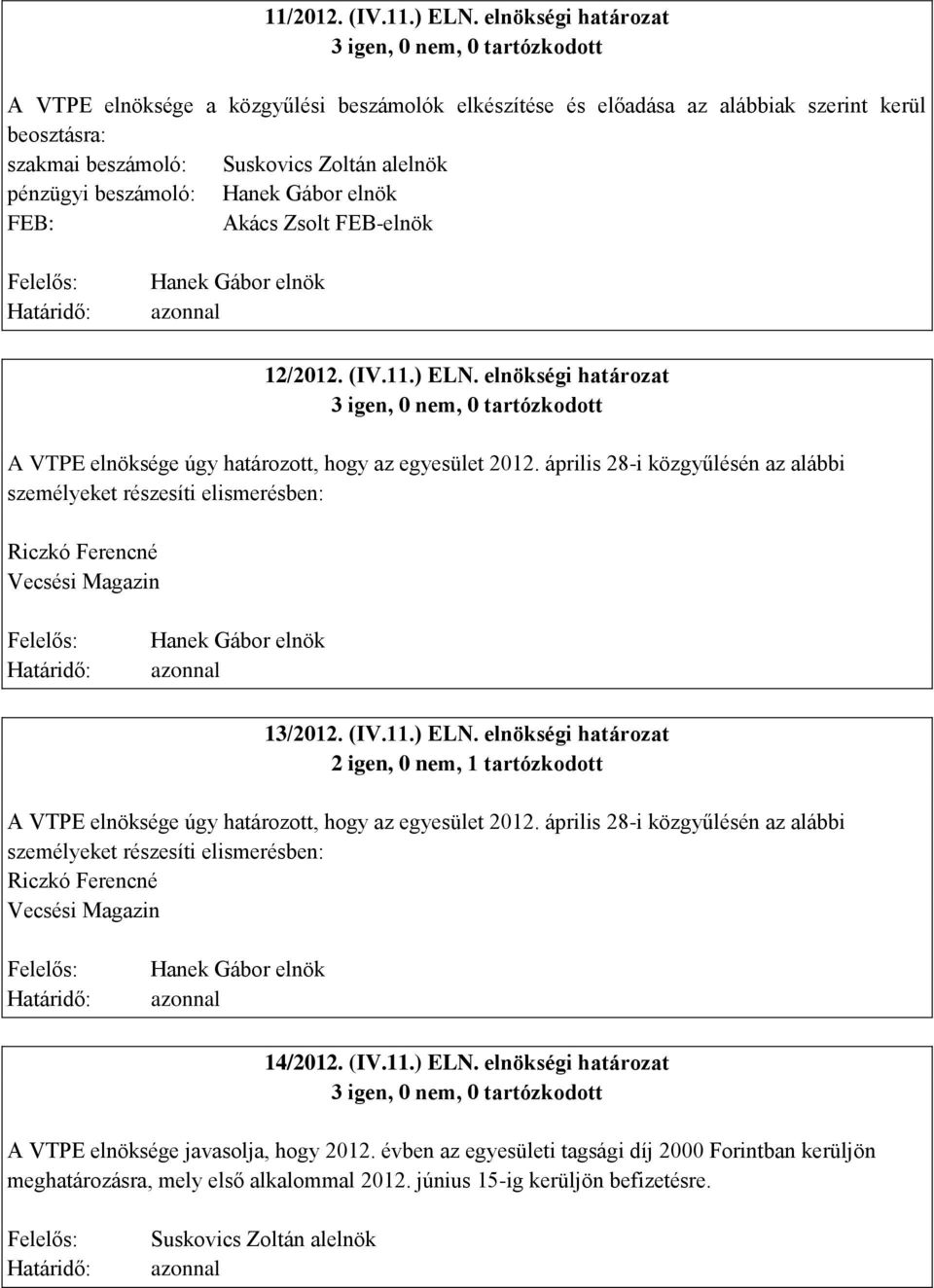 Zsolt FEB-elnök 12/2012. (IV.11.) ELN. elnökségi határozat A VTPE elnöksége úgy határozott, hogy az egyesület 2012.