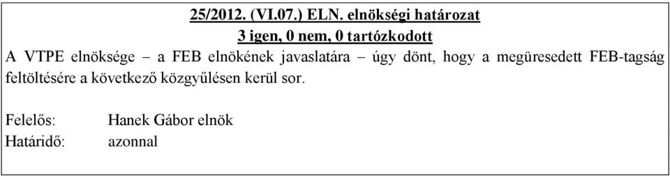 elnökének javaslatára úgy dönt, hogy a