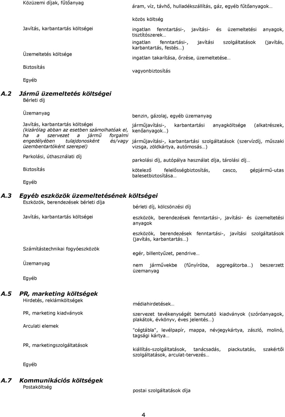 2 Jármő üzemeltetés költségei Bérleti díj Üzemanyag Javítás, karbantartás költségei (kizárólag abban az esetben számolhatóak el, ha a szervezet a jármő forgalmi engedélyében tulajdonosként és/vagy