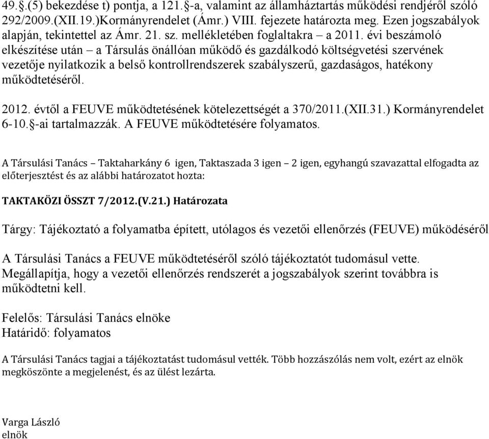 évi beszámoló elkészítése után a Társulás önállóan működő és gazdálkodó költségvetési szervének vezetője nyilatkozik a belső kontrollrendszerek szabályszerű, gazdaságos, hatékony működtetéséről. 2012.