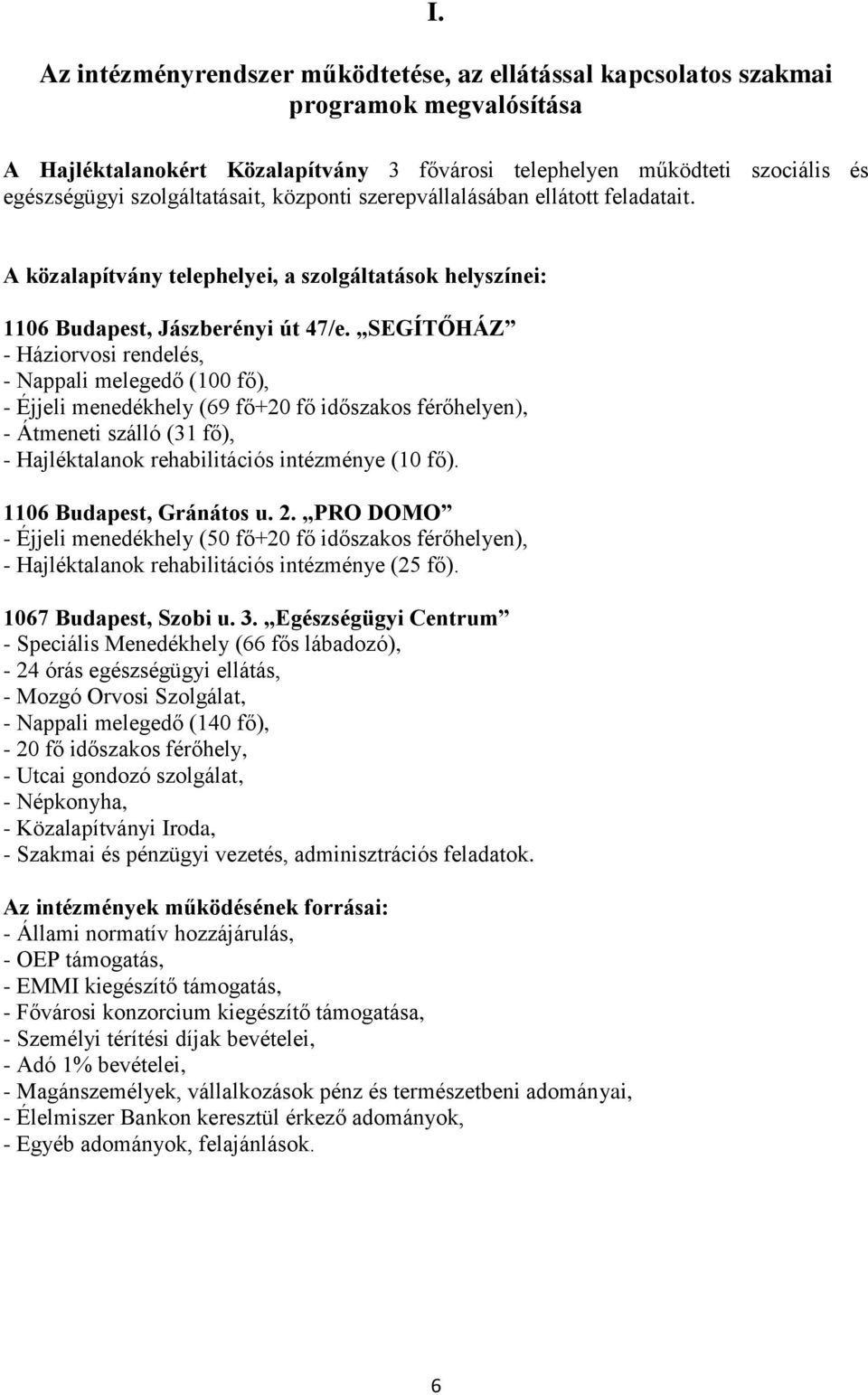 SEGÍTŐHÁZ - Háziorvosi rendelés, - Nappali melegedő (100 fő), - Éjjeli menedékhely (69 fő+20 fő időszakos férőhelyen), - Átmeneti szálló (31 fő), - Hajléktalanok rehabilitációs intézménye (10 fő).