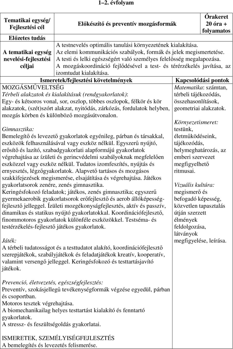 A mozgáskoordináció fejlődésével a test- és térérzékelés javítása, az izomtudat kialakítása.