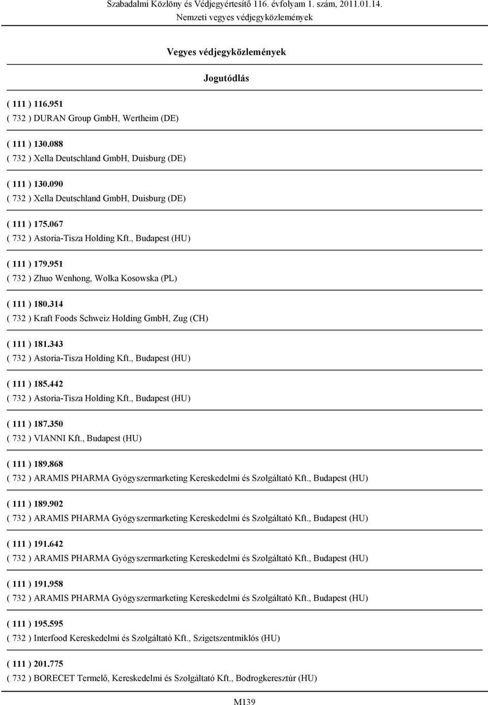 314 ( 732 ) Kraft Foods Schweiz Holding GmbH, Zug (CH) ( 111 ) 181.343 ( 732 ) Astoria-Tisza Holding Kft., Budapest (HU) ( 111 ) 185.442 ( 732 ) Astoria-Tisza Holding Kft., Budapest (HU) ( 111 ) 187.