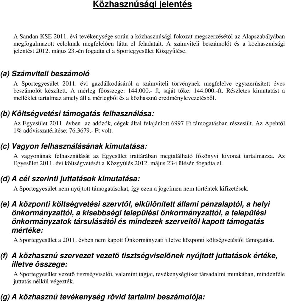 évi gazdálkodásáról a számviteli törvénynek megfelelve egyszerűsített éves beszámolót készített. A mérleg főösszege: 144.000.- ft, saját tőke: 144.000.-ft.