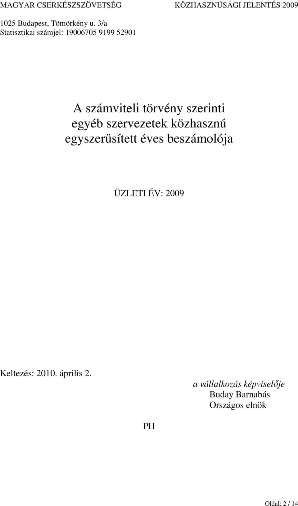éves beszámolója ÜZLETI ÉV: 2009