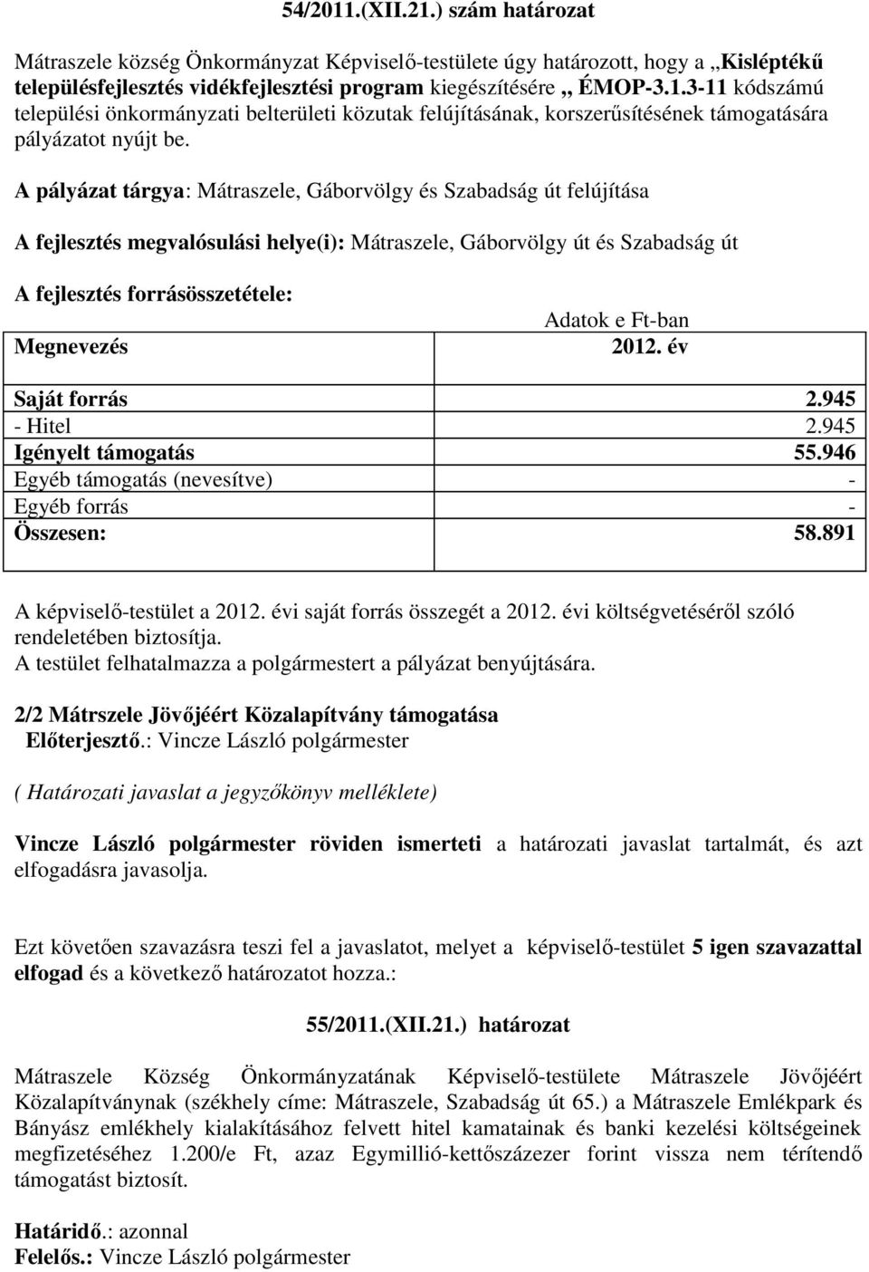 Ft-ban 2012. év Saját forrás 2.945 - Hitel 2.945 Igényelt támogatás 55.946 Egyéb támogatás (nevesítve) - Egyéb forrás - Összesen: 58.891 A képviselő-testület a 2012. évi saját forrás összegét a 2012.