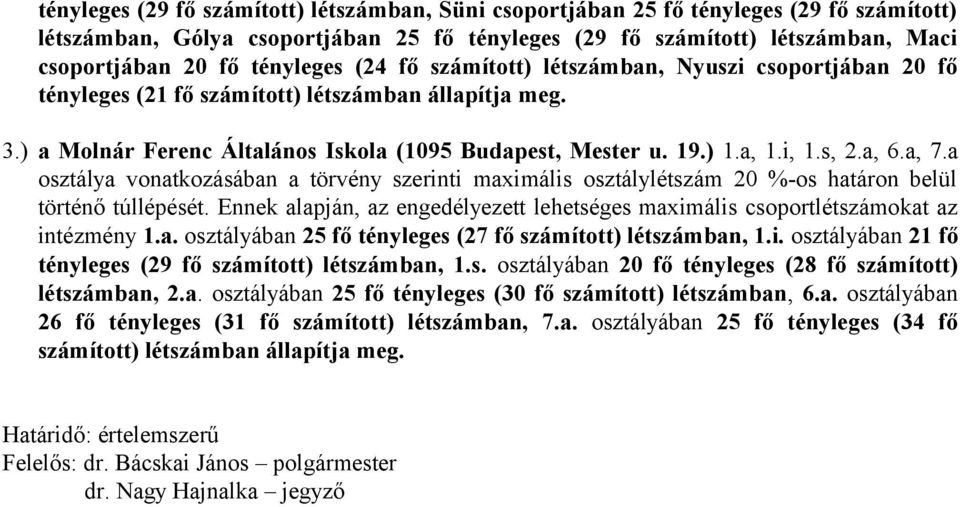 a osztálya vonatkozásában a törvény szerinti maximális osztály 20 %-os határon belül történő túllépését. Ennek alapján, az engedélyezett lehetséges maximális csoportokat az intézmény 1.a. osztályában 25 fő (27 fő ) ban, 1.