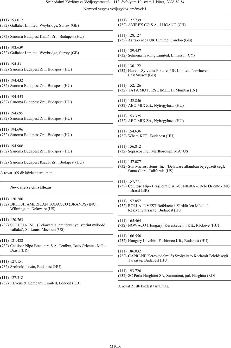 482 (732) Celulose Nipo Brasileira S.A. Cenibra, Belo Oriente - MG - Brasil (BR) (111) 127.151 (732) Szolnoki István, Budapest (HU) (111) 127.318 (732) J.