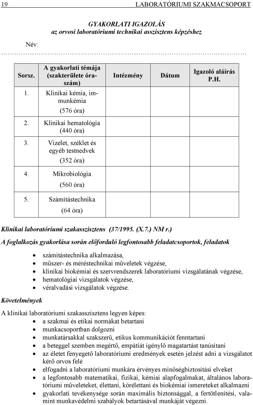 Számítástechnika (64 óra) Klinikai laboratóriumi szakasszisztens (37/1995. (X.7.) NM r.