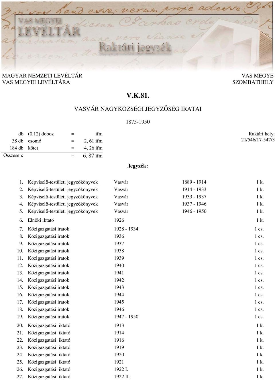 Képviselı-testületi jegyzıkönyvek Vasvár 1889-1914 1 k. 2. Képviselı-testületi jegyzıkönyvek Vasvár 1914-1933 1 k. 3. Képviselı-testületi jegyzıkönyvek Vasvár 1933-1937 1 k. 4.