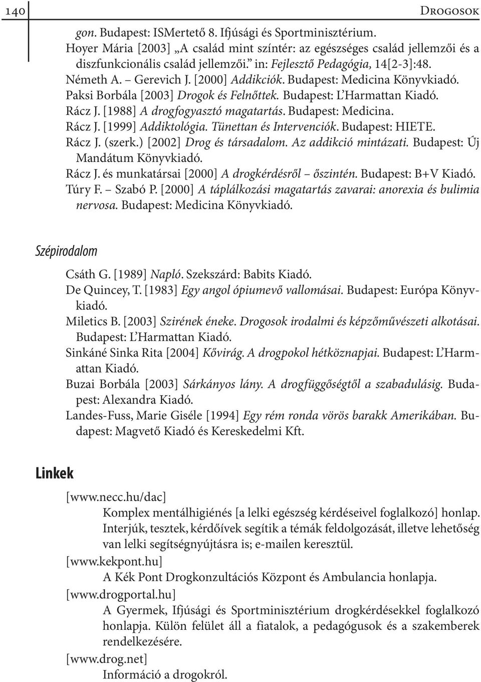 [1988] A drogfogyasztó magatartás. Budapest: Medicina. Rácz J. [1999] Addiktológia. Tünettan és Intervenciók. Budapest: HIETE. Rácz J. (szerk.) [2002] Drog és társadalom. Az addikció mintázati.