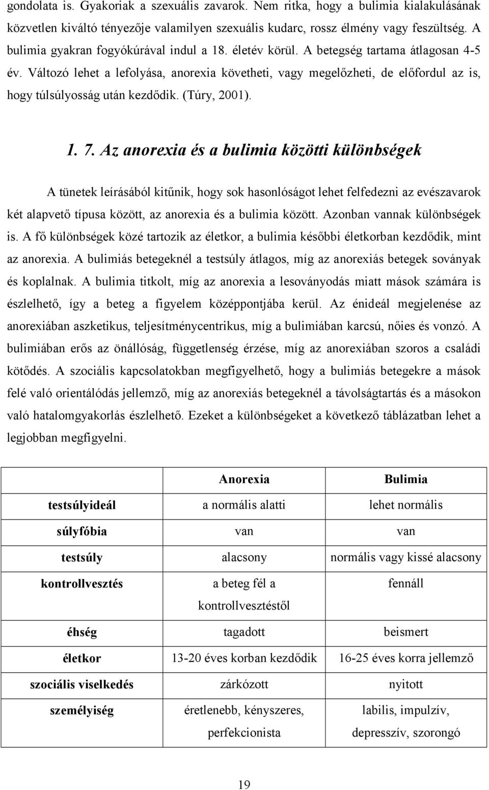 Változó lehet a lefolyása, anorexia követheti, vagy megelőzheti, de előfordul az is, hogy túlsúlyosság után kezdődik. (Túry, 2001). 1. 7.