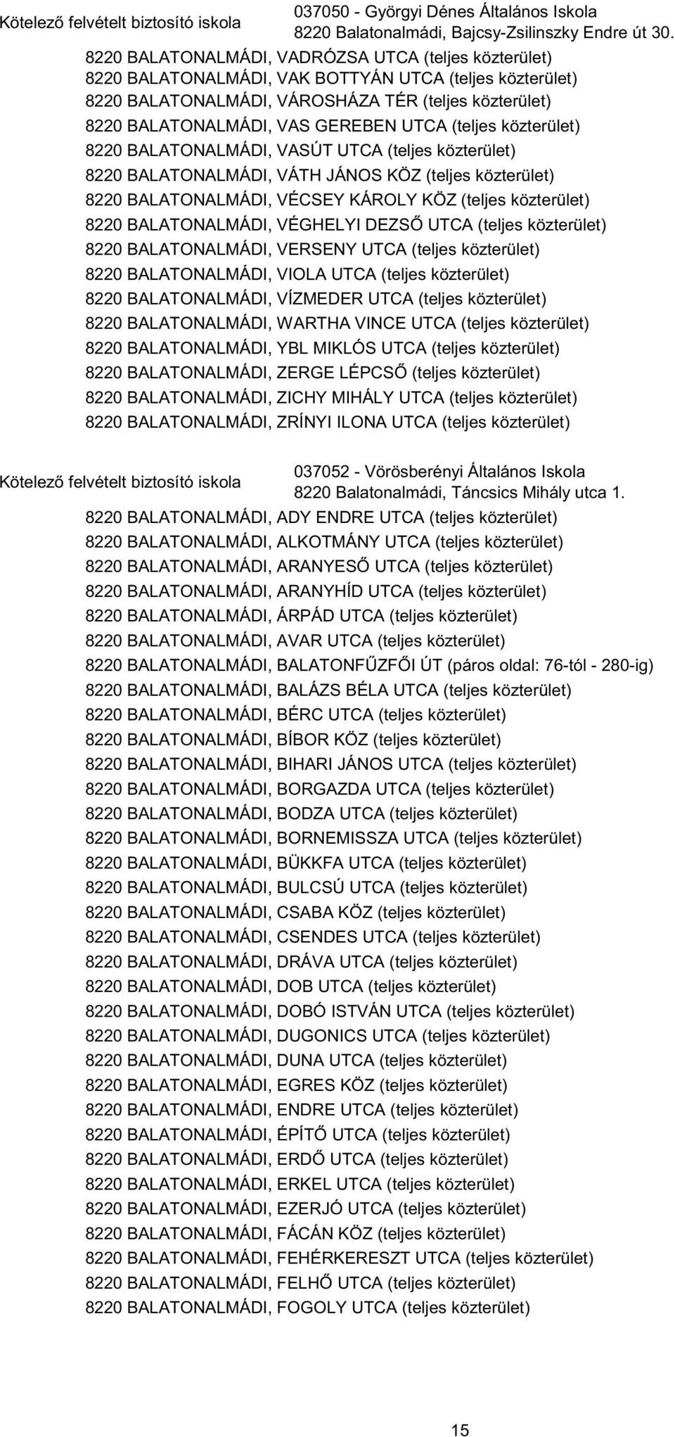 UTCA (teljes közterület) 8220 BALATONALMÁDI, VASÚT UTCA (teljes közterület) 8220 BALATONALMÁDI, VÁTH JÁNOS KÖZ (teljes közterület) 8220 BALATONALMÁDI, VÉCSEY KÁROLY KÖZ (teljes közterület) 8220