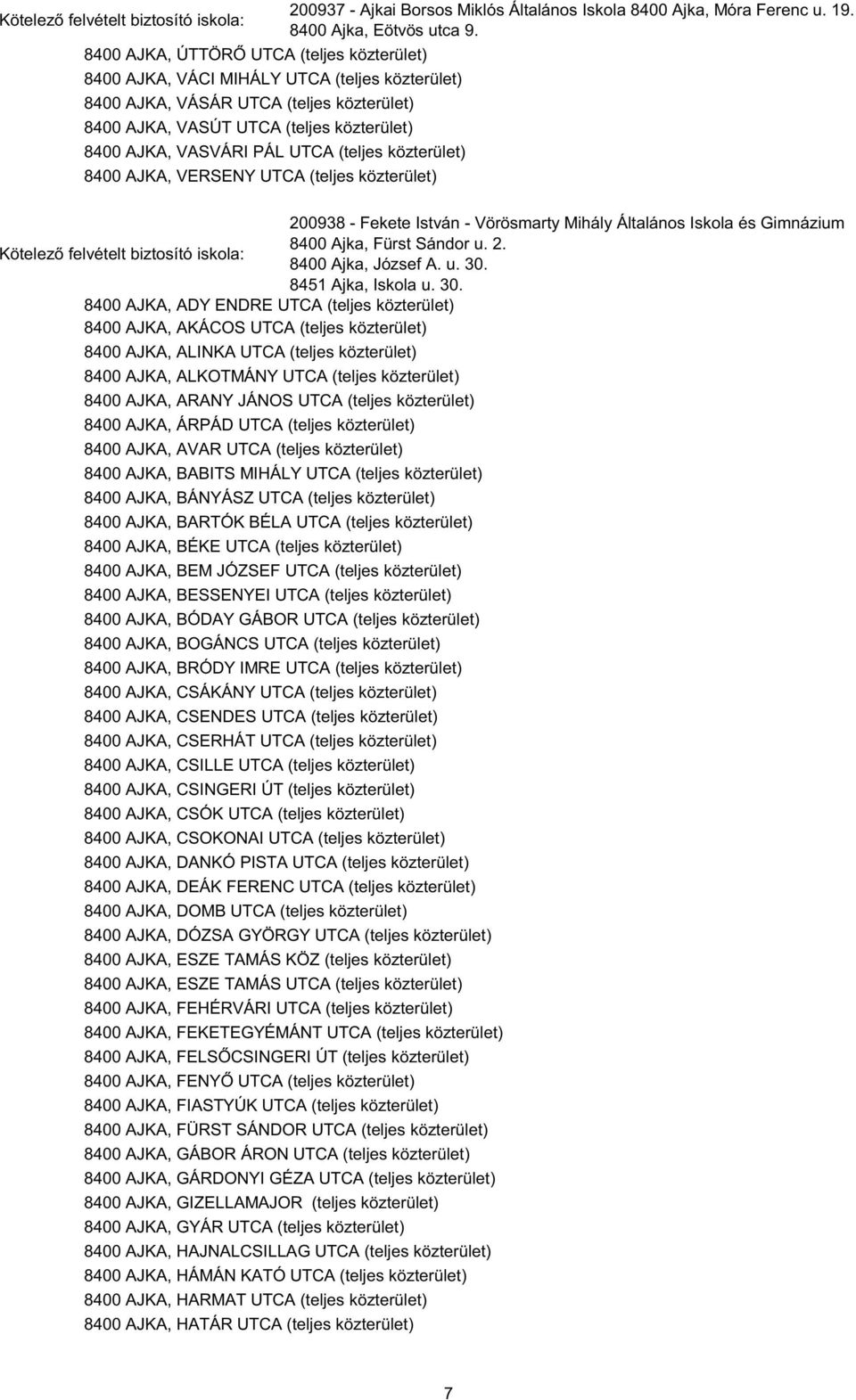 8400 Ajka, Eötvös utca 9. 200938 - Fekete István - Vörösmarty Mihály Általános Iskola és Gimnázium 8400 Ajka, Fürst Sándor u. 2. Kötelező felvételt biztosító iskola: 8400 Ajka, József A. u. 30.