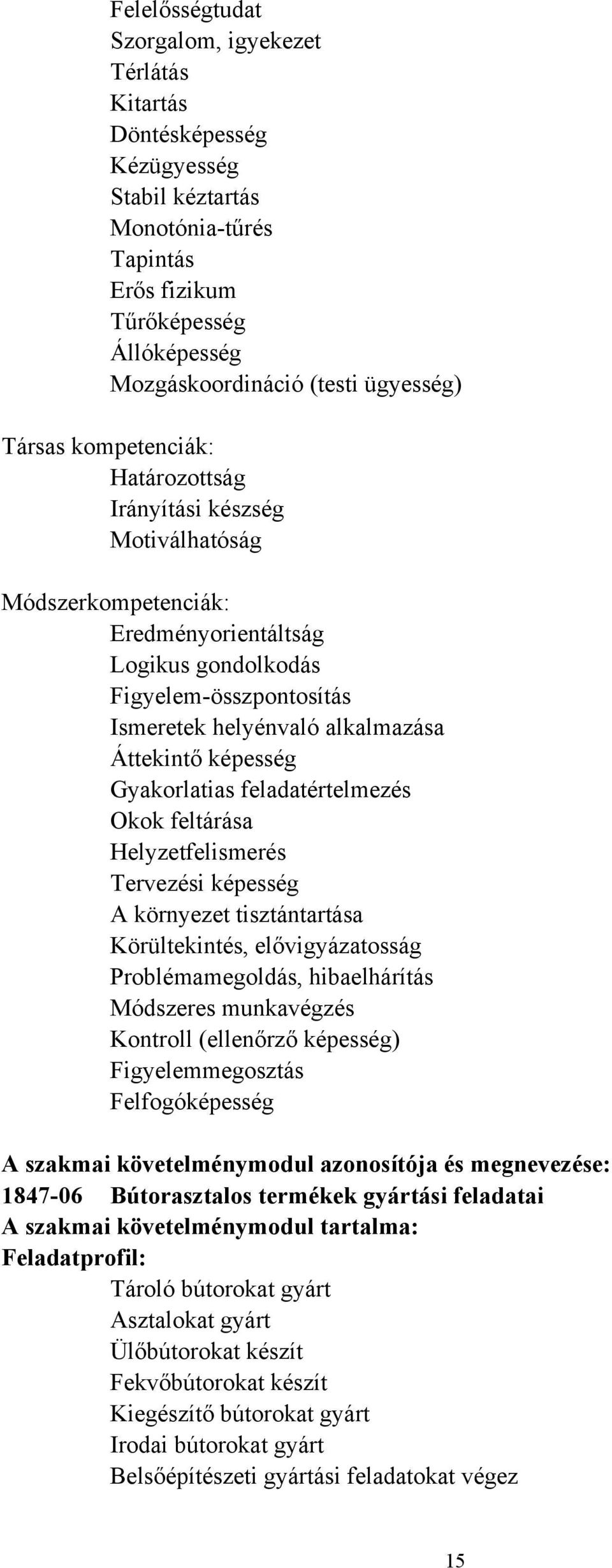 Gyakorlatias feladatértelmezés Okok feltárása Helyzetfelismerés Tervezési képesség A környezet tisztántartása Körültekintés, elővigyázatosság Problémamegoldás, hibaelhárítás Módszeres munkavégzés