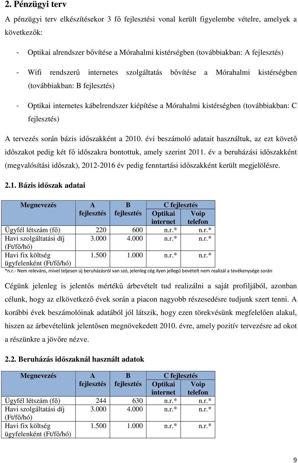 (továbbiakban: C fejlesztés) A tervezés során bázis időszakként a 2010. évi beszámoló adatait használtuk, az ezt követő időszakot pedig két fő időszakra bontottuk, amely szerint 2011.