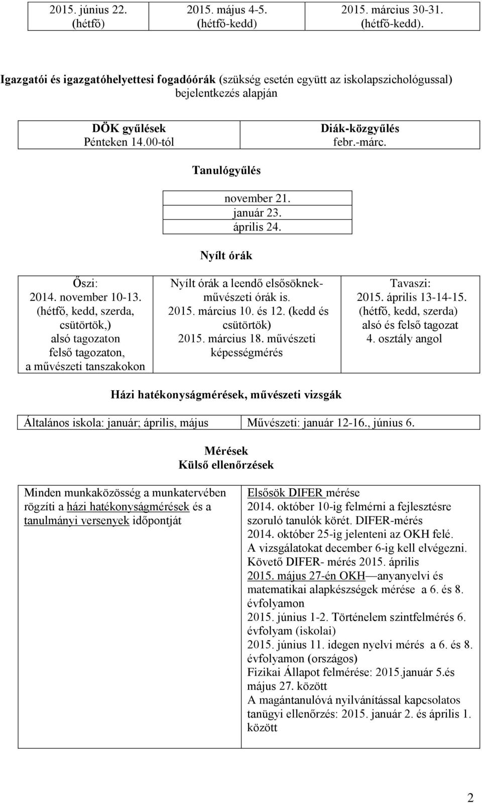 Nyílt órák Nyílt órák a leendő elsősöknekművészeti órák is. 2015. március 10. és 12. (kedd és csütörtök) 2015. március 18. művészeti képességmérés Tavaszi: 2015. április 13-14-15.