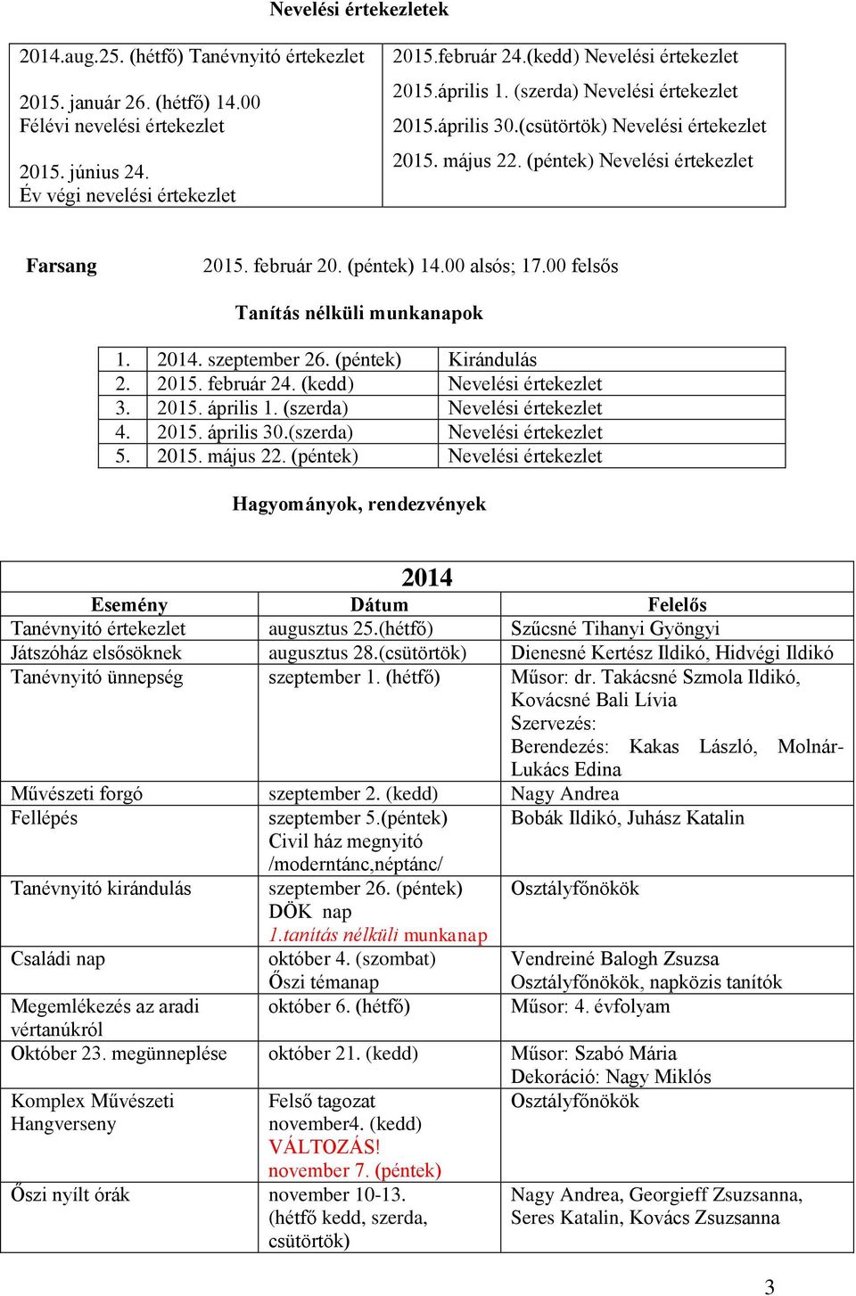 (szerda) 4. 2015. április 30.(szerda) 5. 2015. május 22. (péntek) Hagyományok, rendezvények 2014 Esemény Dátum Felelős Tanévnyitó értekezlet augusztus 25.