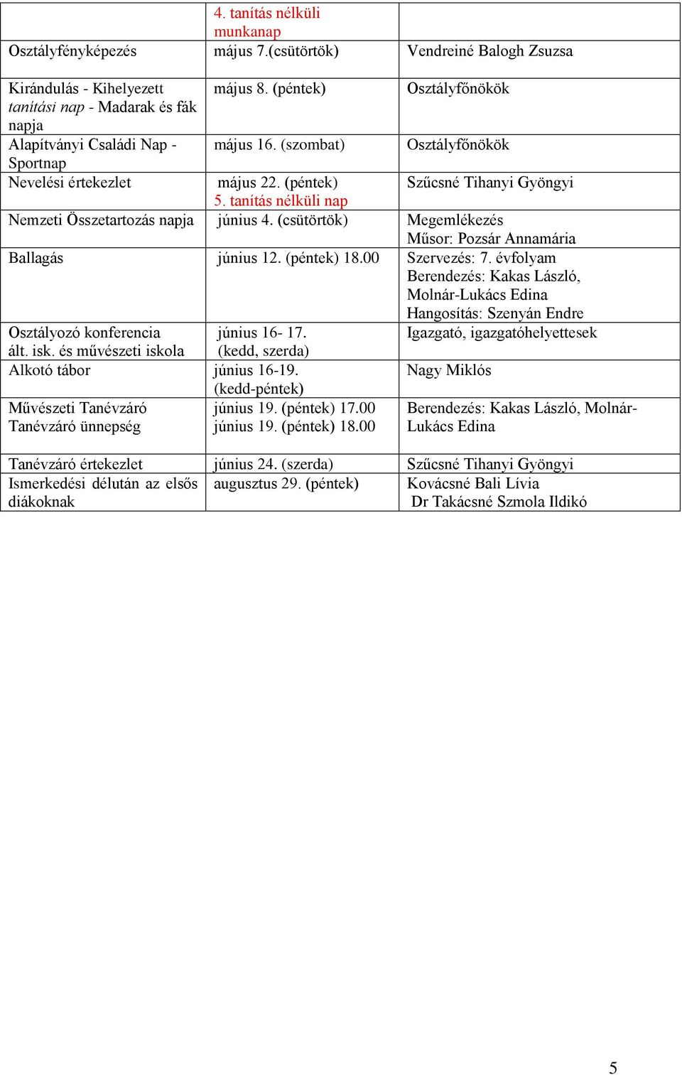 (péntek) 18.00 Szervezés: 7. évfolyam Berendezés: Kakas László, Molnár-Lukács Edina Hangosítás: Szenyán Endre Osztályozó konferencia június 16-17. Igazgató, igazgatóhelyettesek ált. isk.