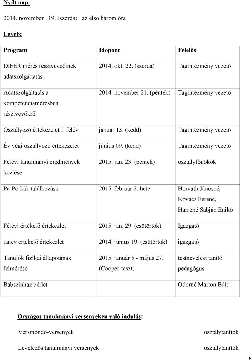 (kedd) Tagintézmény vezető Félévi tanulmányi eredmények közlése 2015. jan. 23. (péntek) osztályfőnökök Pa-Pó-kák találkozása 2015. február 2.