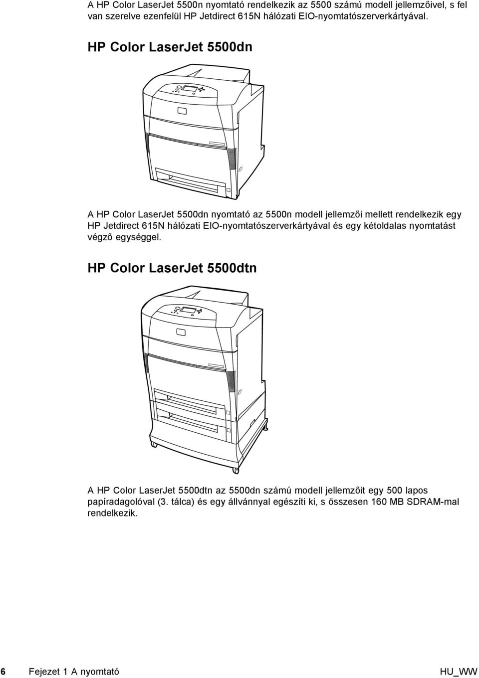 HP Color LaserJet 5500dn A HP Color LaserJet 5500dn nyomtató az 5500n modell jellemzői mellett rendelkezik egy HP Jetdirect 615N hálózati