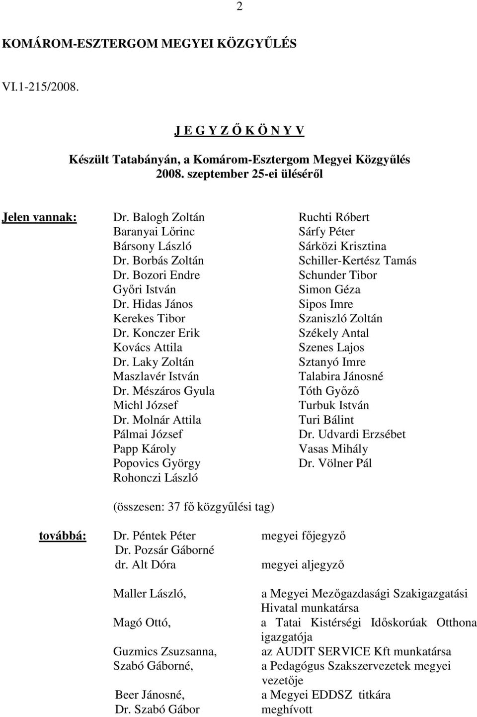Hidas János Sipos Imre Kerekes Tibor Szaniszló Zoltán Dr. Konczer Erik Székely Antal Kovács Attila Szenes Lajos Dr. Laky Zoltán Sztanyó Imre Maszlavér István Talabira Jánosné Dr.