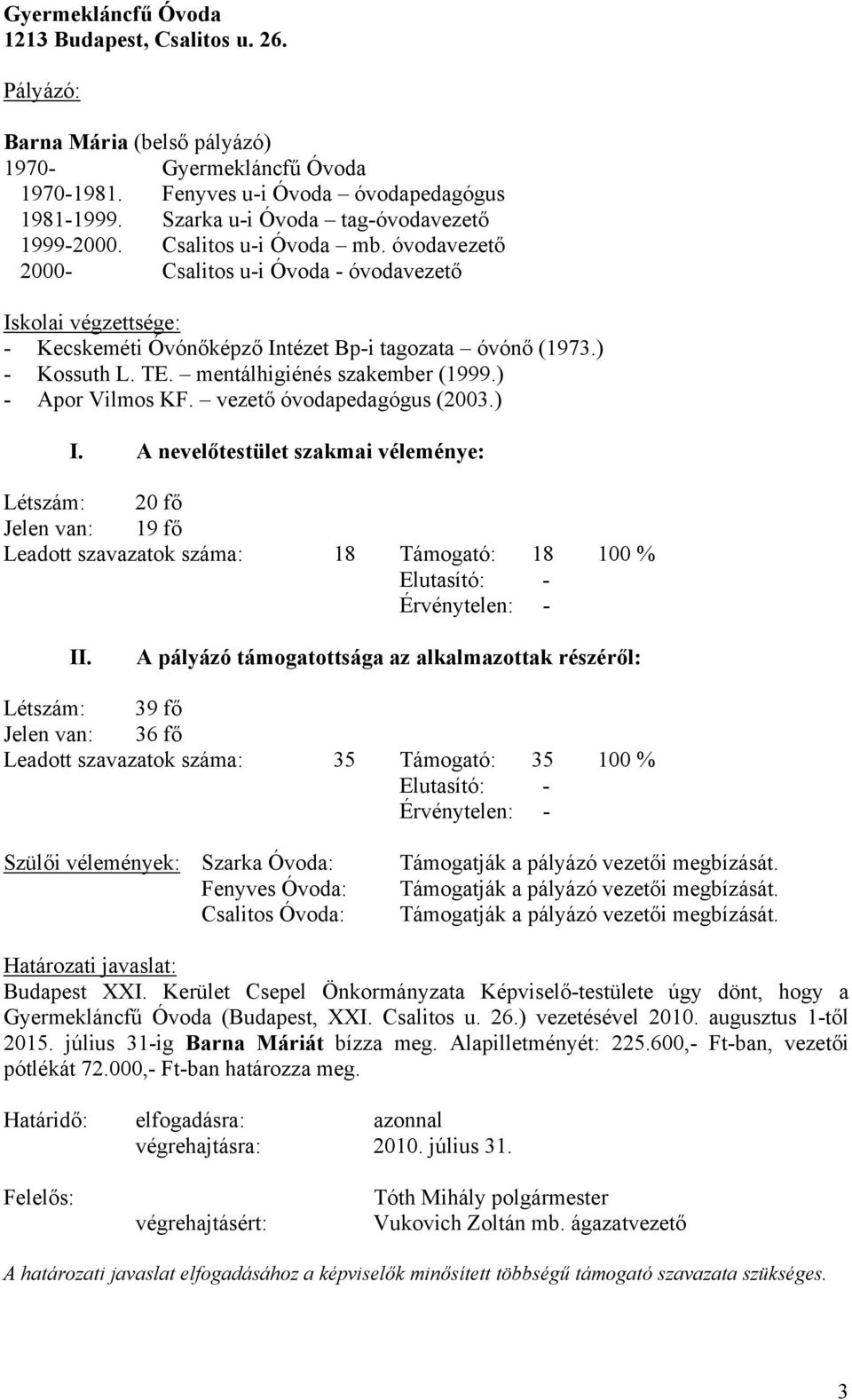 mentálhigiénés szakember (1999.) - Apor Vilmos KF. vezető óvodapedagógus (2003.) I. A nevelőtestület szakmai véleménye: 20 fő 19 fő Leadott szavazatok száma: 18 Támogató: 18 100 % Elutasító: - II.