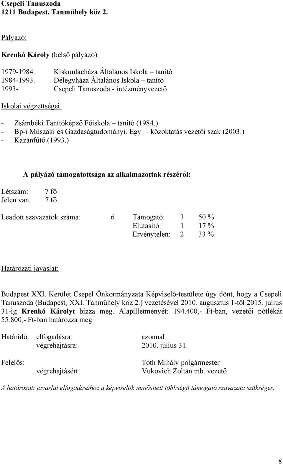 közoktatás vezetői szak (2003.) - Kazánfűtő (1993.) 7 fő 7 fő Leadott szavazatok száma: 6 Támogató: 3 50 % Elutasító: 1 17 % Érvénytelen: 2 33 % Budapest XXI.